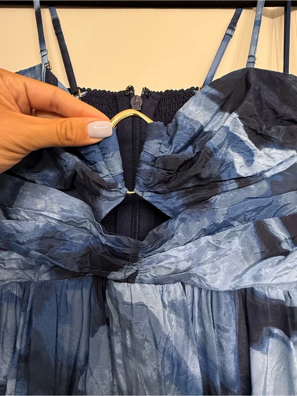 Abercrombie & Fitch Blue Watercolor Strapless Ring-Detail Maxi